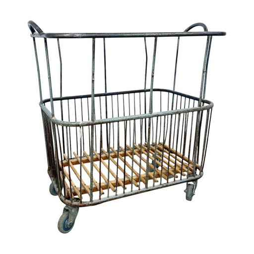 Vintage French metal baker's cart – industrial bread trolley – laundry basket