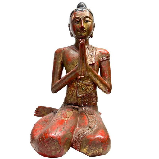 Burmese wooden temple statue of a monk with lacquer and gold leaf
