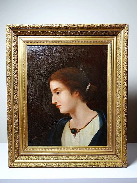 Image 1 of Antique portrait of a young woman in profile, oil on canvas, A. Piard, 19th century