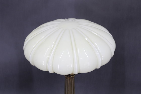 Image 1 of 1940s Restored Brass Table Lamp with Wooden Base and Glass Shade