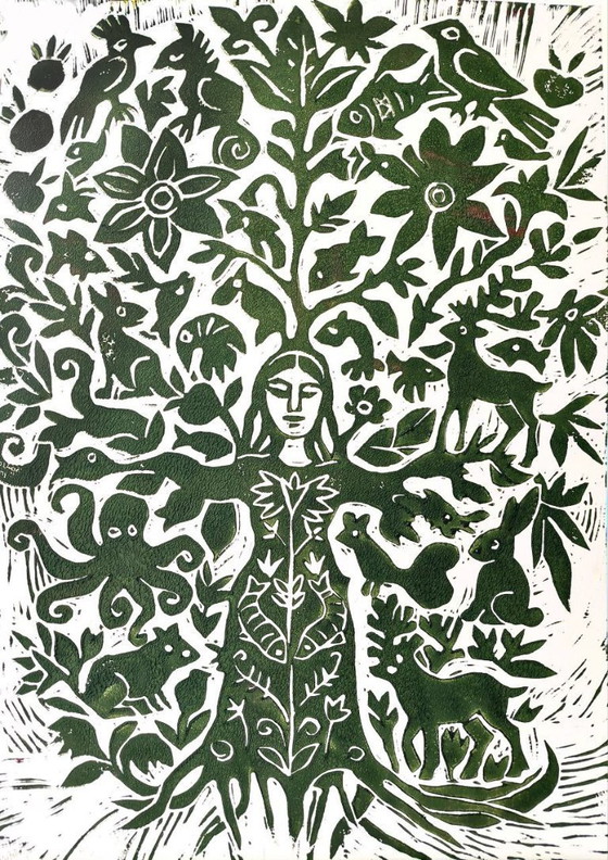 Image 1 of Linosnede van een boomvrouw: Botanische natuurkunst, A3, gelimiteerde oplage.
