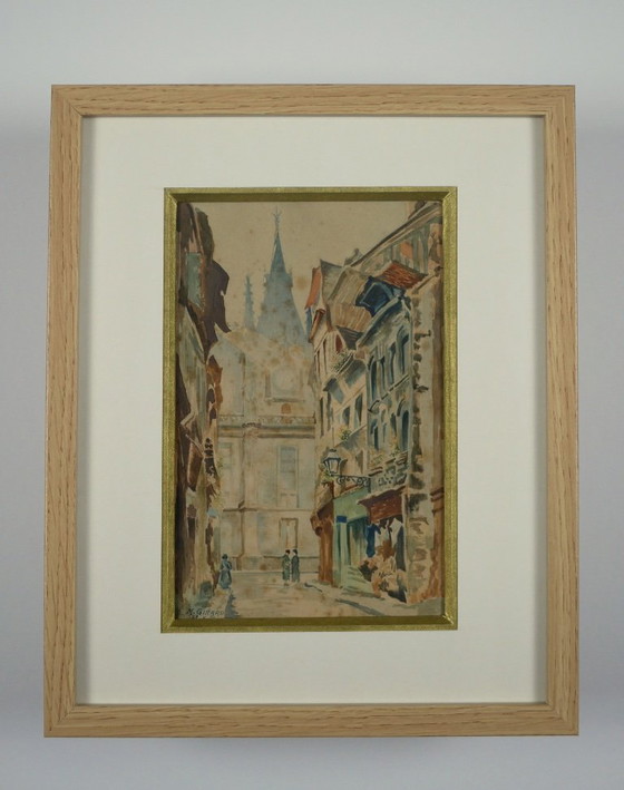 Image 1 of Lively alleyway, signed M. Girard - Watercolor dated May 13, 1934
