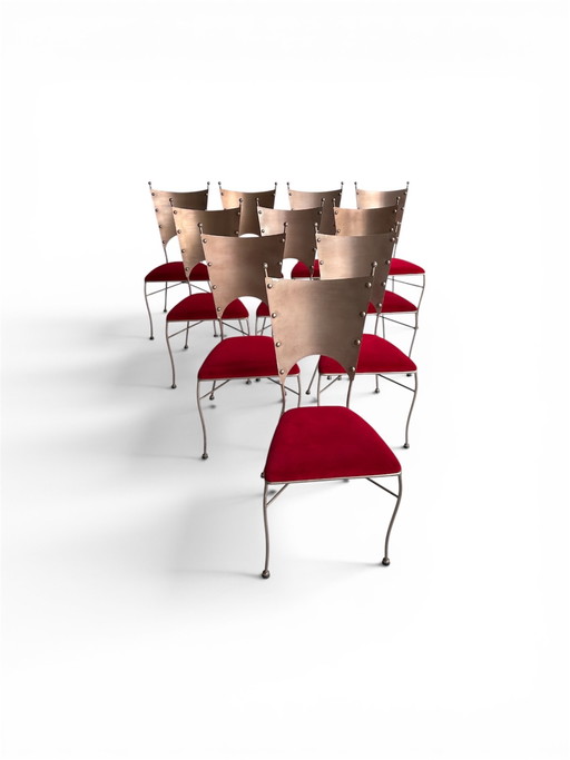 Sedie di design di Andy Thornton – velluto rosso e bronzo ramato (set)