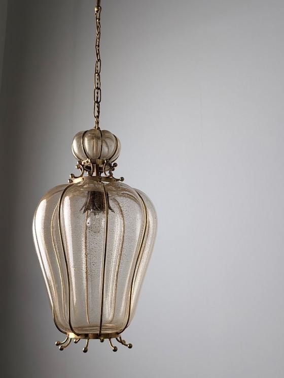 Image 1 of Handgeblazen lantaarn van Murano-glas van Barovier & Toso met 24-karaats goud en messing, jaren 60.