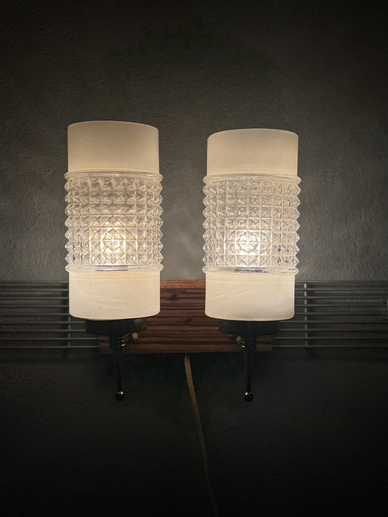 Image 1 of Lampada da parete vintage con tubi di vetro e piastra posteriore in legno