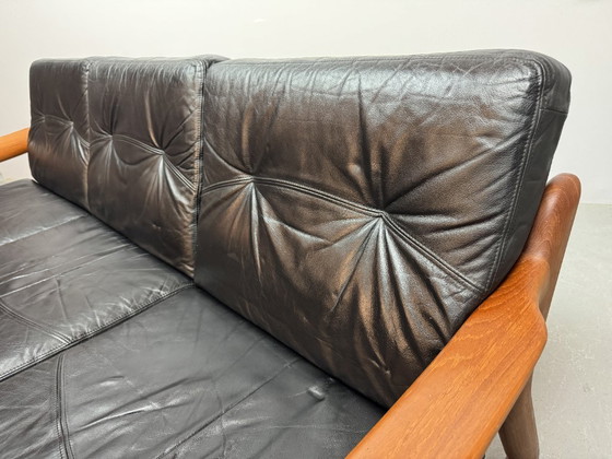 Image 1 of Mid-Century Design Komfort Solid Teak Wooden 3-Seat Sofa with Black Leather Cushions Attributed to Sven Ellekaer by Komfort