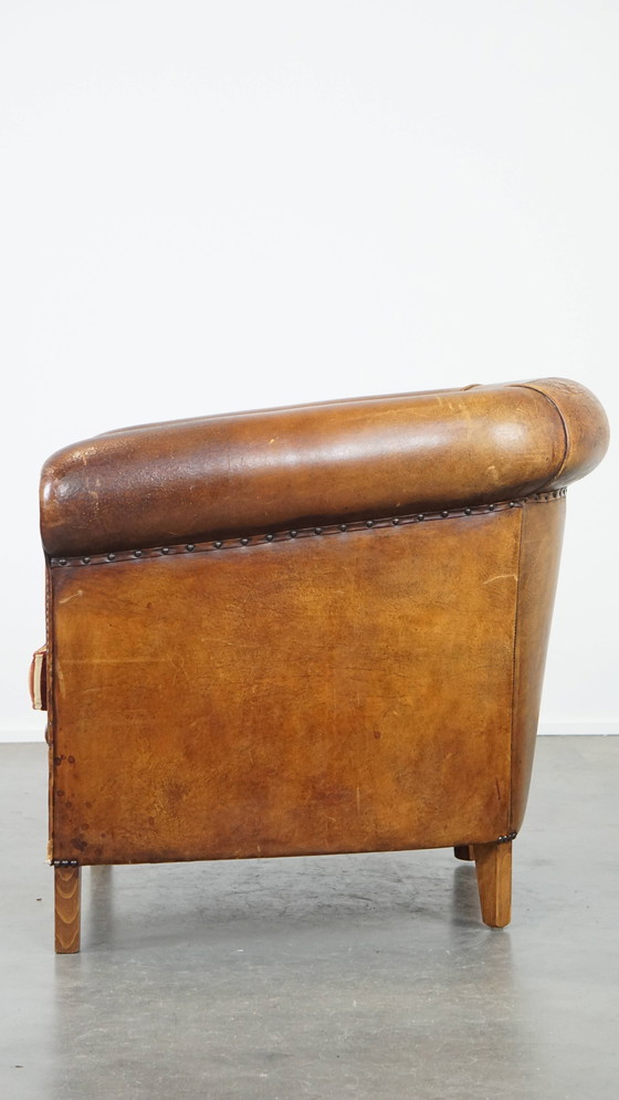 Image 1 of Vintage Cognac-Kleurige Clubfauteuil Gemaakt van Schapenleer