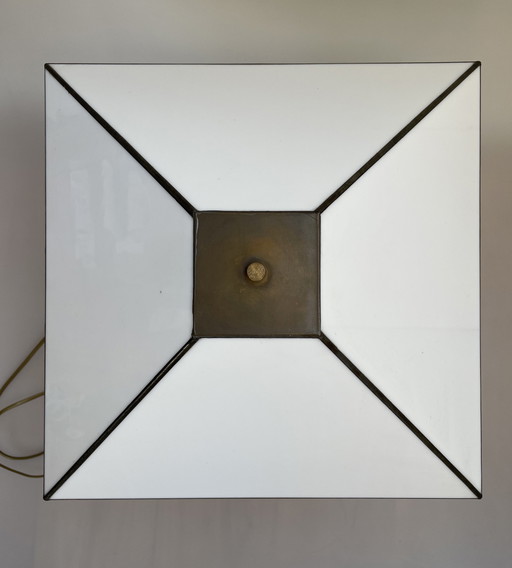 Vintage Art-deco Frank Lloyd Wright style opal stained glass lamp - glas-in-lood met messing