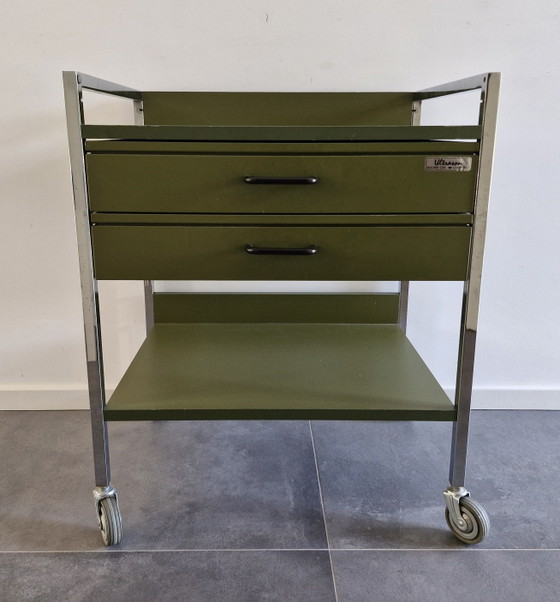 Chariot Vintage (Hôpital), Vert Olive, 2 Tiroirs – Ultrason, Dessertes, Chrome, Metal (photo 2 of 13)