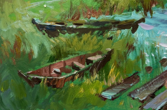 Image 1 of Dipinto ad olio originale, paesaggio costiero estivo, malinconia fluviale.