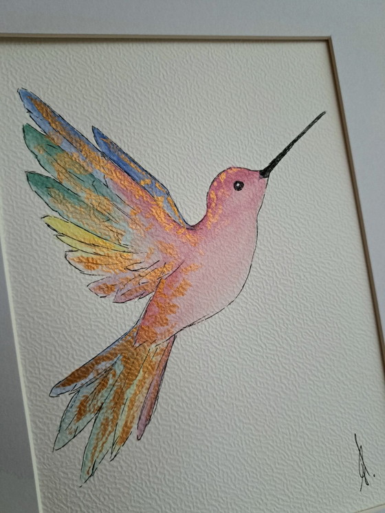 Original Kolibri Aquarell Goldeffekt | Mit Rahmen, Gemälde & Zeichnungen, Papier, Rosa (Foto 2 von 5)