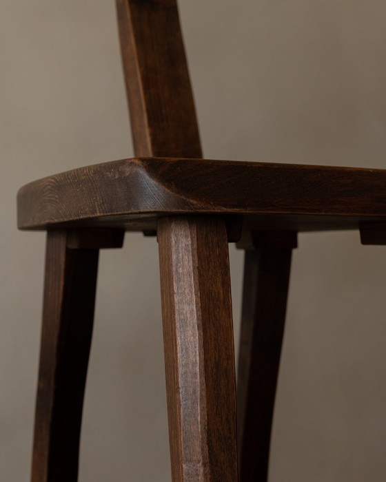 Image 1 of Set of 3 Vintage “T” Dining Chairs by Aranjou, France (c.1960s) – Stained Elm, Brutalist Sculptural