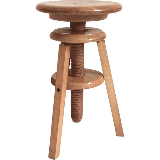 Vintage beechwood screw-down workshop stool, 1950