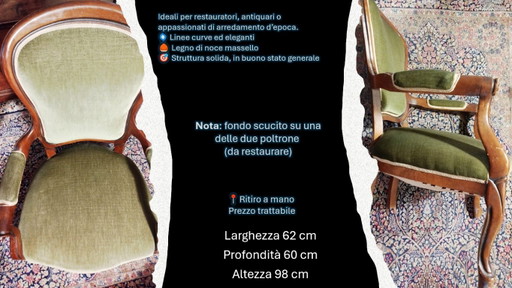 Coppia di Antiche Poltrone in Legno Noce, Stile Luigi Filippo, Linee Eleganti, Schienale Sagomato e Struttura (photo 2 of 6)