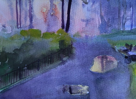 Original Watercolor Painting Cityscape Park Morning After Rain – Paintings & Drawings, Paper (photo 6 of 7)
