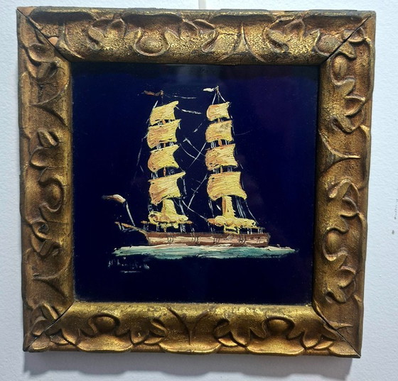 Image 1 of Piastrelle vintage dipinte a mano, firmate e incorniciate | Decorazioni nautiche
