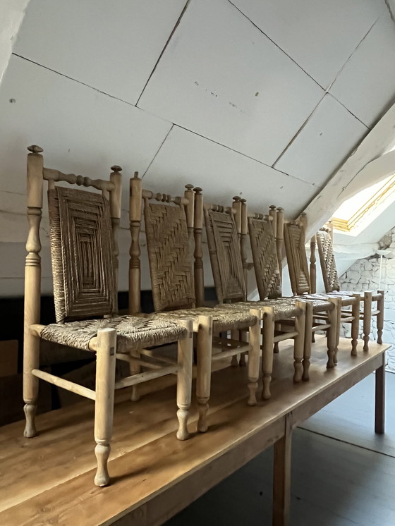 Image 1 of 6 Stühle aus Holz und Seil, die Adrien Audoux und Frida Minet zugeschrieben werden