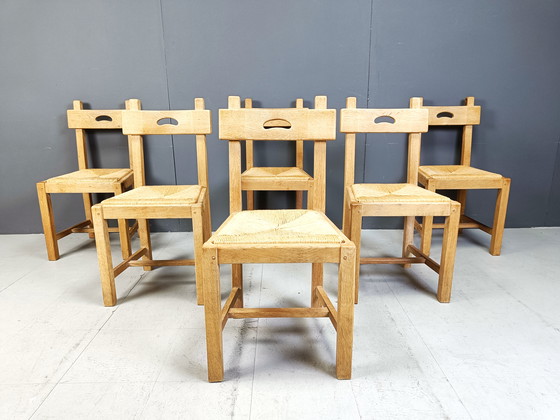 Image 1 of Set van 6 eiken en rieten Brutalistische eetkamerstoelen, 1960S