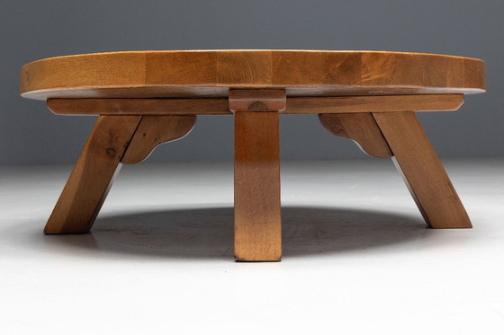 Image 1 of Brutalist Oak Round Coffee Table, France, 1950s