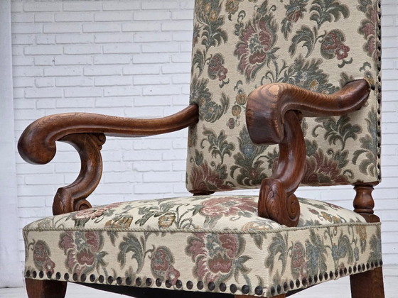 Image 1 of Poltrona scandinava con schienale alto, anni '50, tessuto per mobili, legno di quercia intagliato a mano.