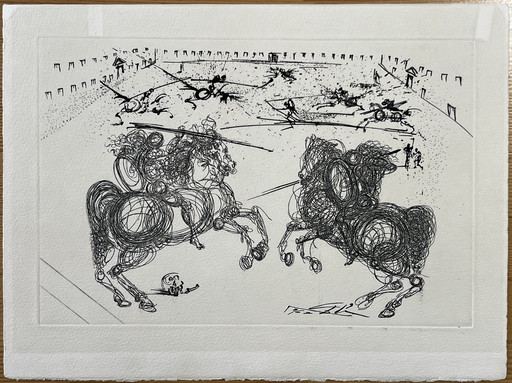 Salvador Dalí, Les Cavaliers Bleus, 1969, gravure sur plaque signée, cataloguée