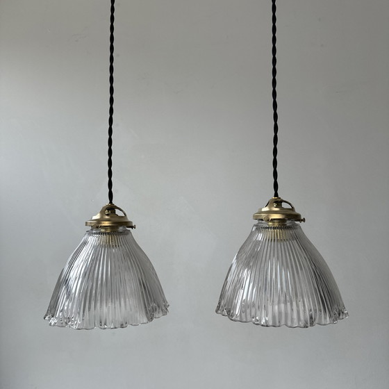 Image 1 of Paar vintage prismatische glazen hanglampen