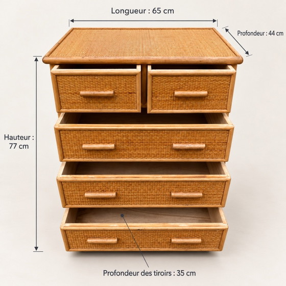 Vintage Woven Rattan Cane Chest of Drawers with Five Drawers - Bohemian Style, Brown (photo 3 of 9)