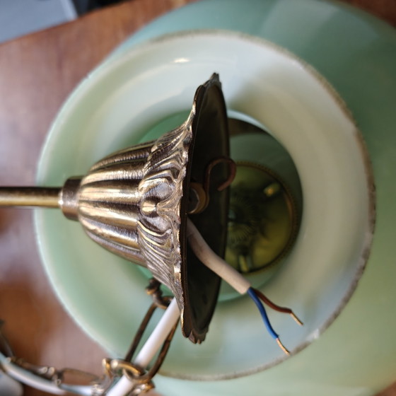 Image 1 of Vintage mintgroene hanglamp van opaalglas met dubbele glazen diffuser en messing ophanging.