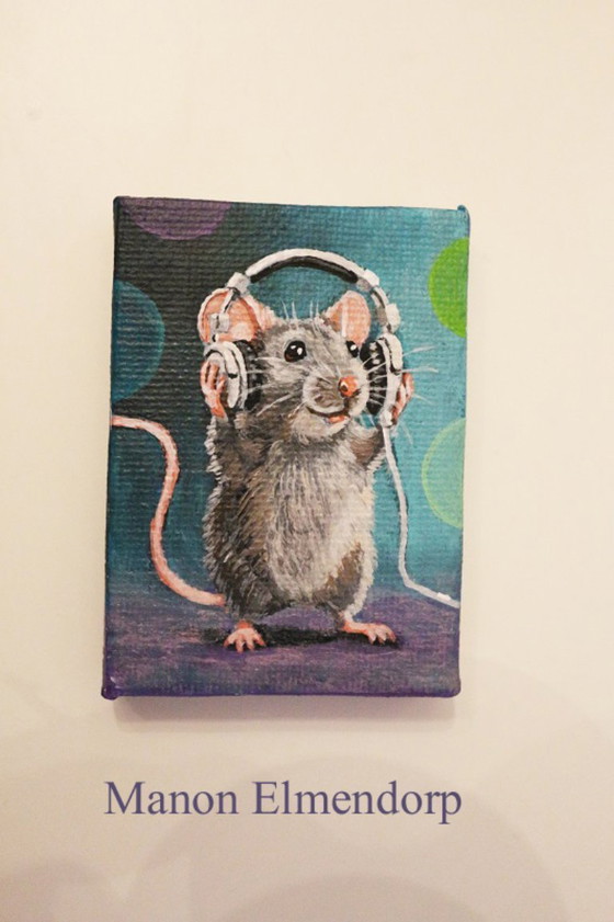 Image 1 of Unique Hand-Painted Small Mouse with Headphones