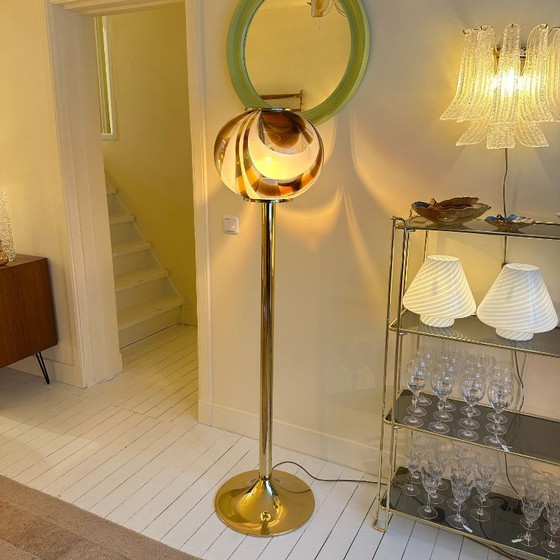 Image 1 of Italian Murano amber swirl glass globe floor lamp on brass base