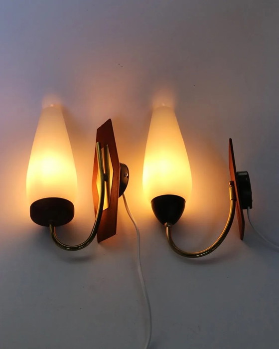 Image 1 of Lampada da parete vintage in teak, luce notturna, lampada da bagno in ottone