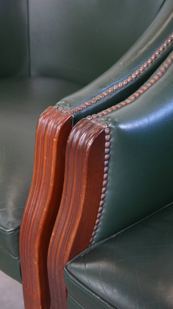 Image 1 of 2 x Beistell-/Ess-/Bürostuhl aus grünem Rindsleder und Holz im englischen Stil