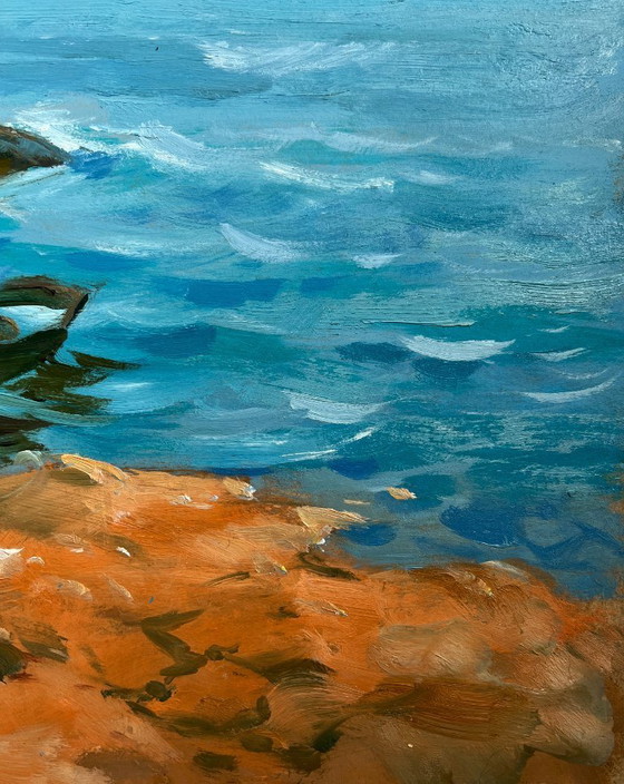 Image 1 of Pintura al óleo original: Paisaje costero marino con un velero en el horizonte.