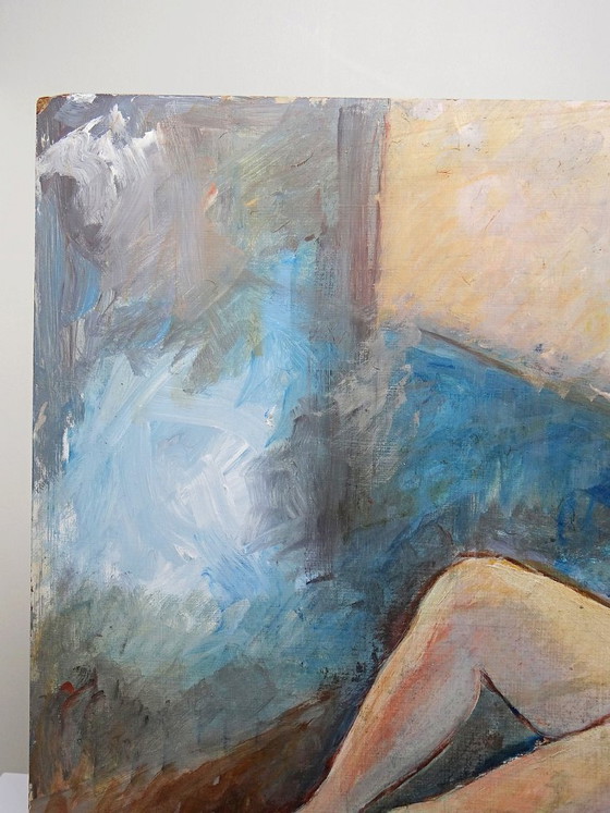 Image 1 of Large painting of a reclining nude woman, modern oil on panel, vintage style