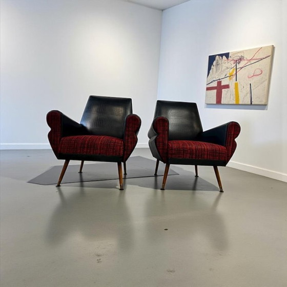 Image 1 of Set of 2 vintage black and red armchairs / seats / single seats