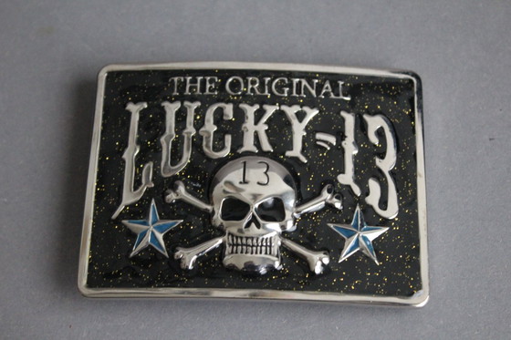 Image 1 of Unusual large belt buckle, original Lucky 13, with rectangular metal skull design