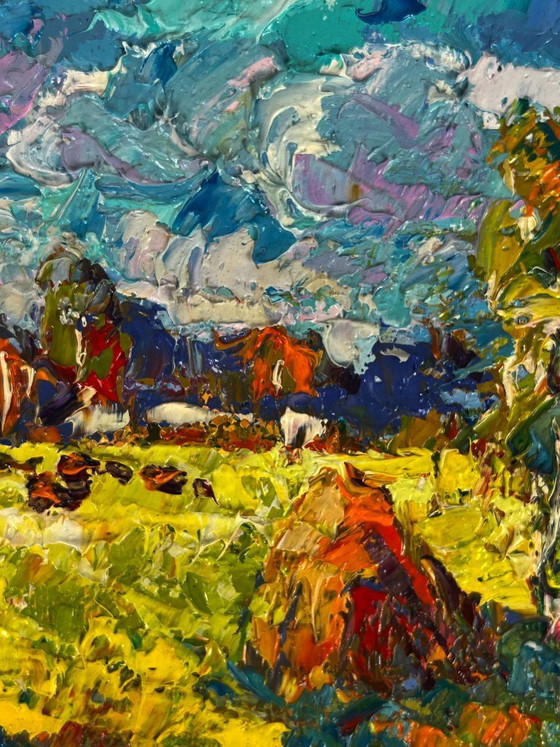 Image 1 of Pintura al óleo original: Paisaje natural de un prado. Ha llegado el principio del otoño.