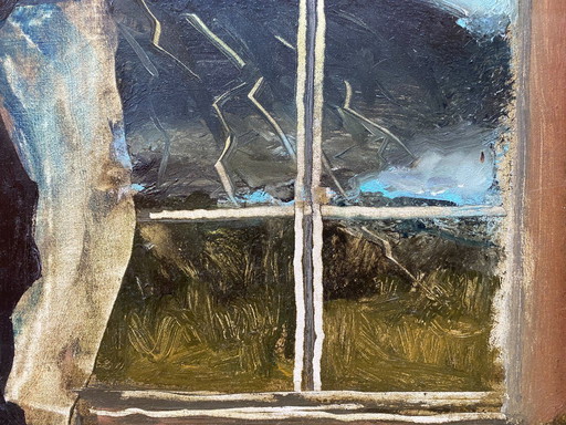 Ronan Barrot Olio su tela / cornice La tempesta dalla finestra del nostro libro