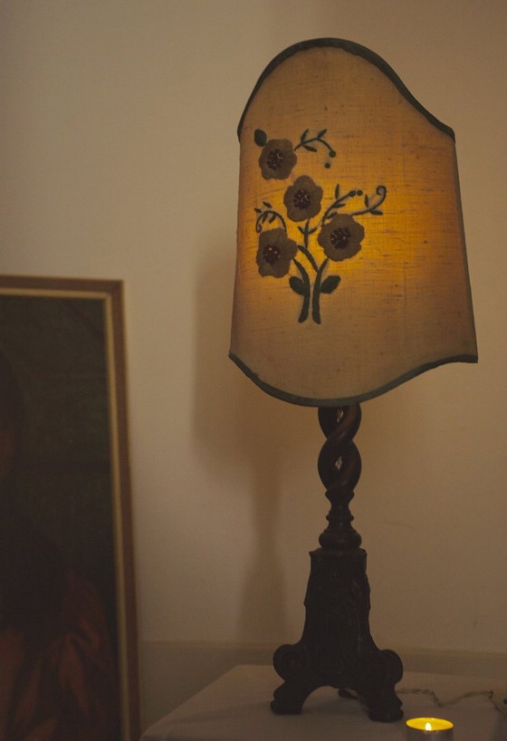 Image 1 of Vintage Carved Wood Barley Twist Lamp with Hand Embroidered Floral Shade and Acanthus Leaf Tripod Feet