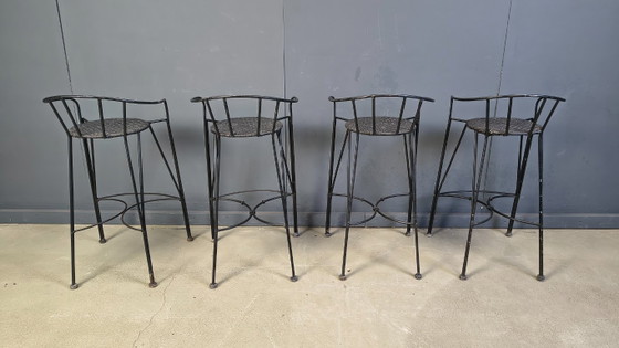 Image 1 of Tabourets de bar vintage en fer forgé et rotin, lot de 4 - années 1970