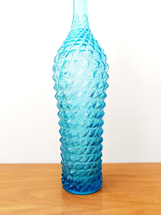 Image 1 of Empoli Glas Diamant Flaschenvase Blau 1950