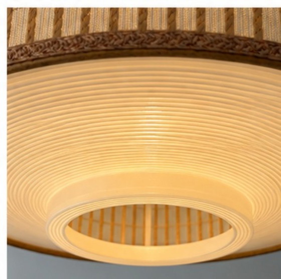 Suspension Philips vintage milieu du siècle avec abat-jour en fibres naturelles tissées – Plastic, Textile (photo 5 of 15)