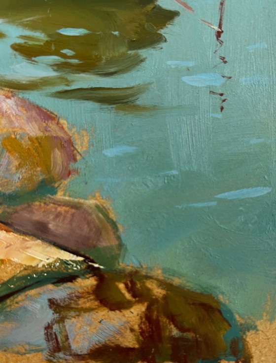 Image 1 of Original Oil Painting Coastal Village Landscape Quiet village harbour
