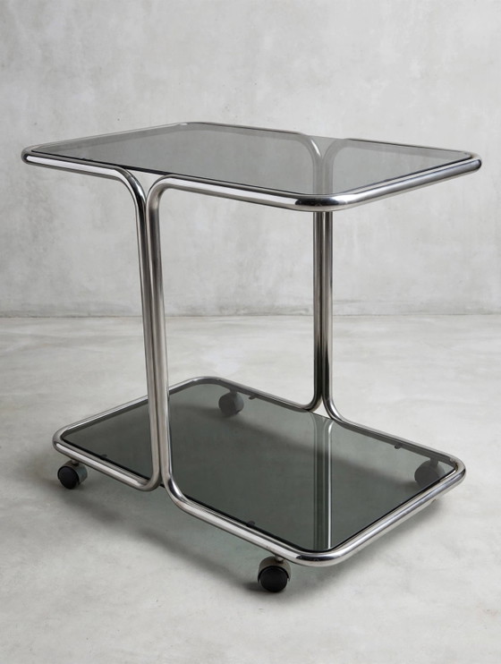 Vintage Side Table Trolley With Smoked Glass and Chrome on Wheels, 1970s - Space Age – Bar carts, Metal (photo 8 of 9)