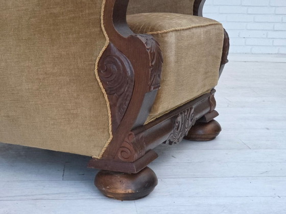 Image 1 of 1960s, Danish armchair, original green furniture velour, carved oak wood.