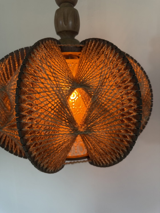 Image 1 of Vintage Danish pendant lamp in glass, wool & wood ‘60s
