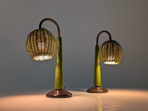 Image 1 of Lampade in rattan verde in stile moderno organico Mario Lopez Torres, anni '80