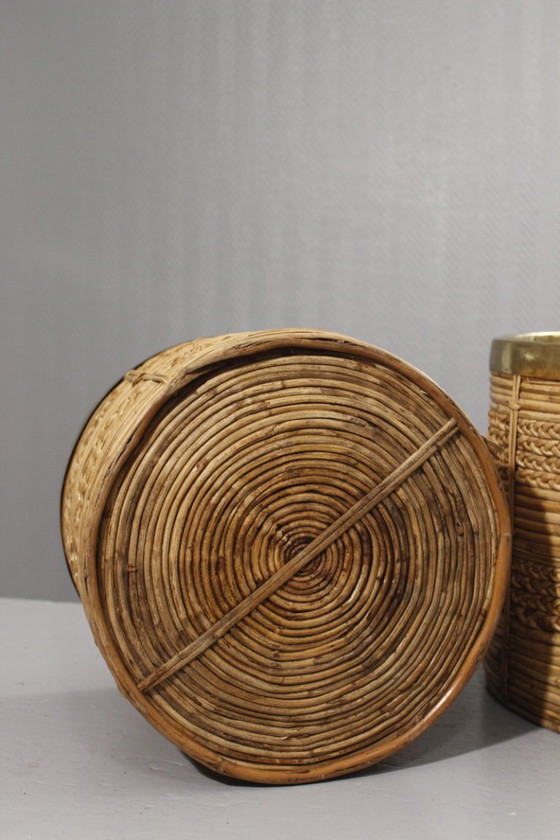 Image 1 of Coppia di grandi fioriere vintage in rattan e ottone disegnate da Gabriella Crespi negli anni '60