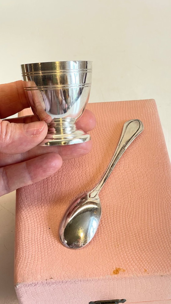 Image 1 of Vintage Silver-Plated Metal Egg Cup and Spoon for Birth
