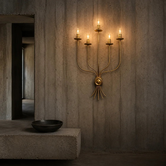 Grande applique o candeliere a 5 bracci in metallo verniciato ottone, dal design elegante e minimalista di (photo 3 of 6)